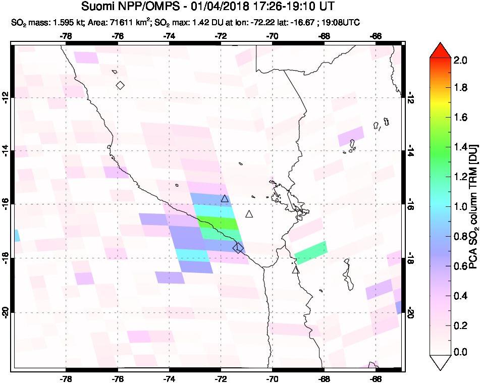 A sulfur dioxide image over Peru on Jan 04, 2018.