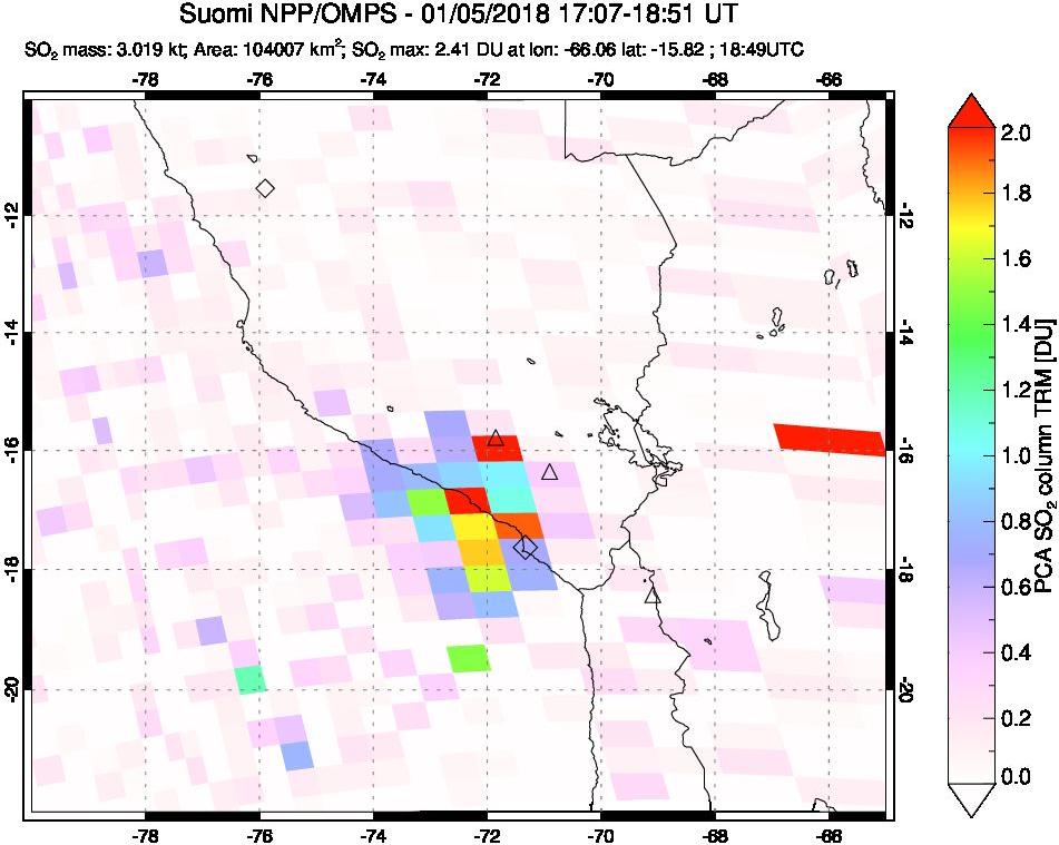 A sulfur dioxide image over Peru on Jan 05, 2018.