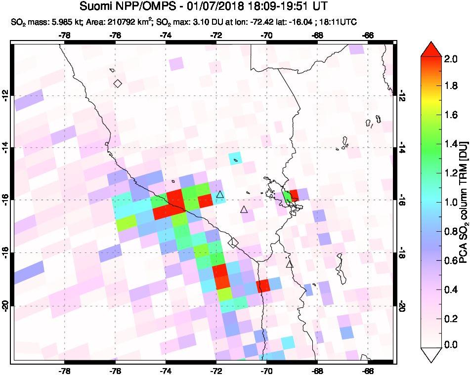 A sulfur dioxide image over Peru on Jan 07, 2018.