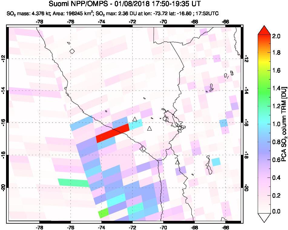 A sulfur dioxide image over Peru on Jan 08, 2018.