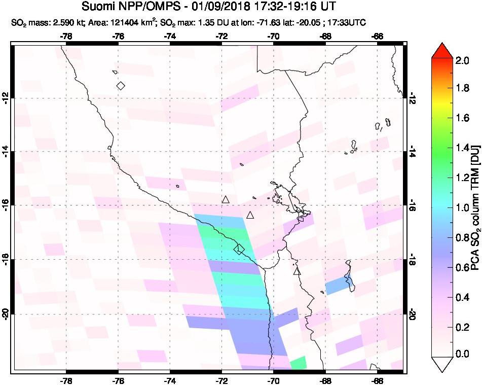A sulfur dioxide image over Peru on Jan 09, 2018.
