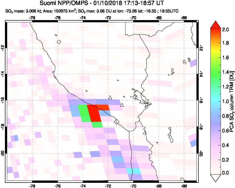 A sulfur dioxide image over Peru on Jan 10, 2018.