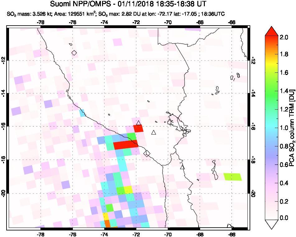 A sulfur dioxide image over Peru on Jan 11, 2018.