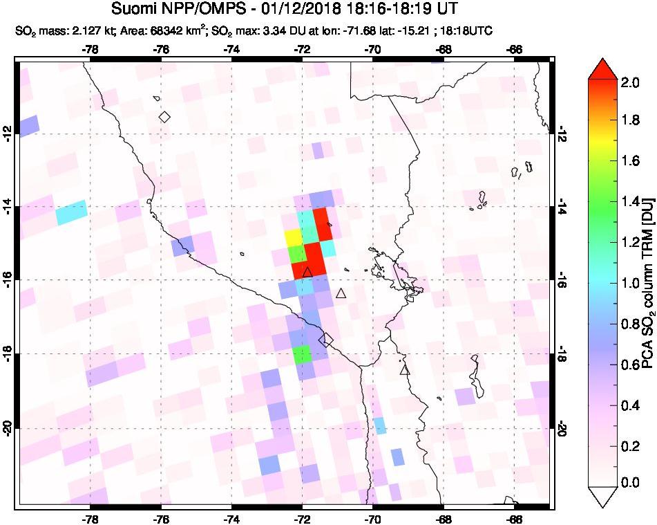A sulfur dioxide image over Peru on Jan 12, 2018.