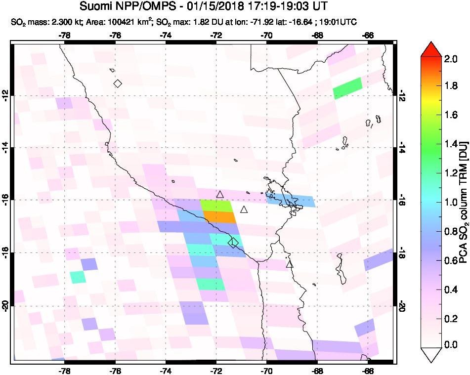 A sulfur dioxide image over Peru on Jan 15, 2018.