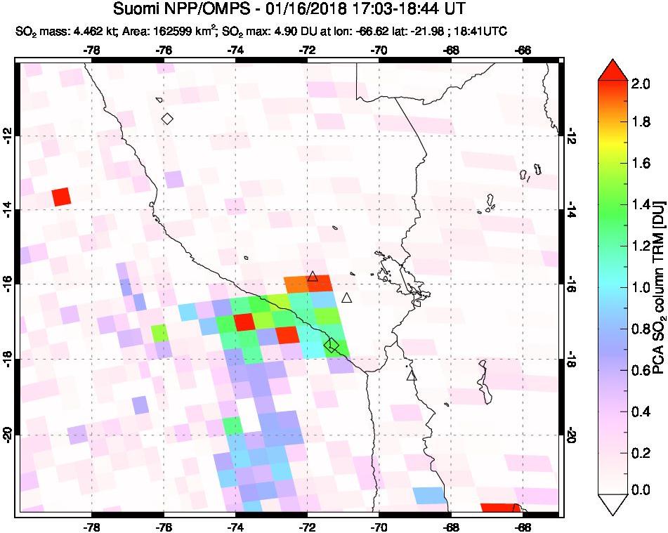 A sulfur dioxide image over Peru on Jan 16, 2018.