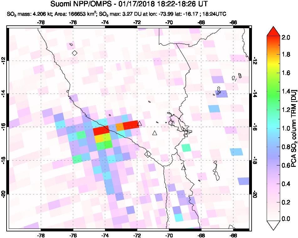 A sulfur dioxide image over Peru on Jan 17, 2018.