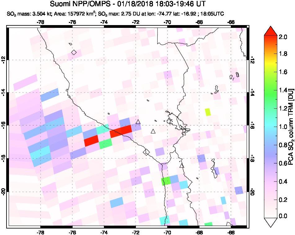 A sulfur dioxide image over Peru on Jan 18, 2018.