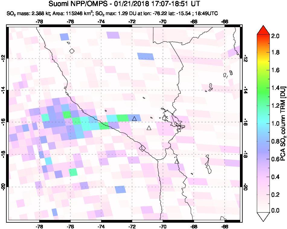 A sulfur dioxide image over Peru on Jan 21, 2018.