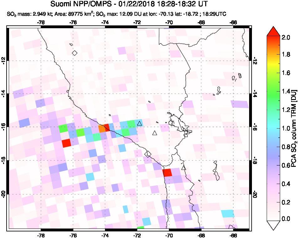 A sulfur dioxide image over Peru on Jan 22, 2018.