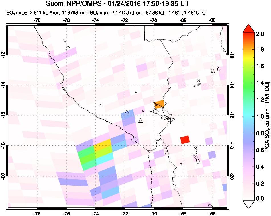A sulfur dioxide image over Peru on Jan 24, 2018.