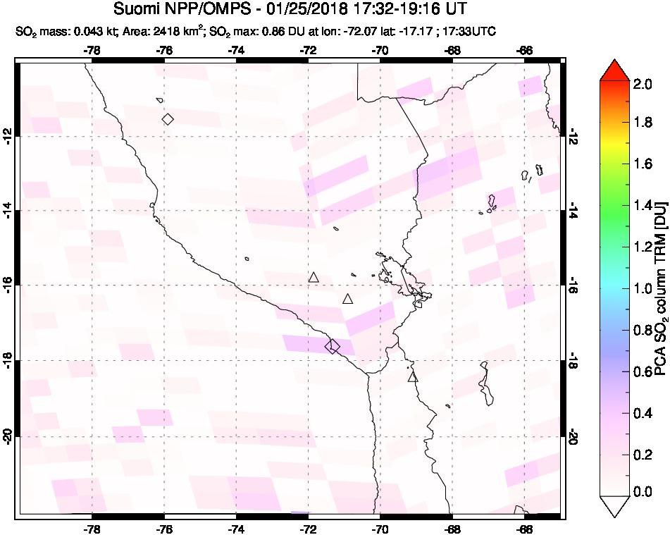 A sulfur dioxide image over Peru on Jan 25, 2018.