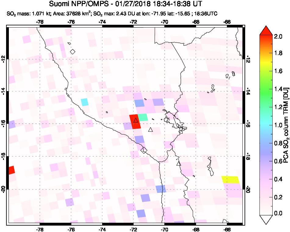 A sulfur dioxide image over Peru on Jan 27, 2018.