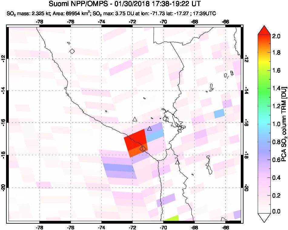 A sulfur dioxide image over Peru on Jan 30, 2018.