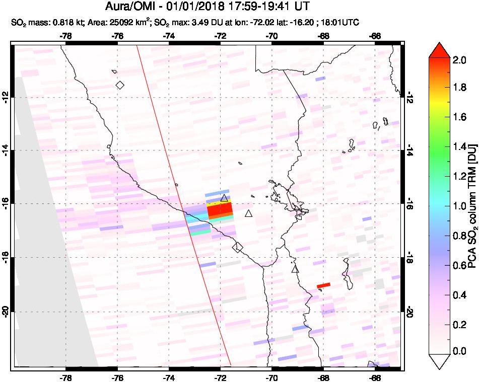 A sulfur dioxide image over Peru on Jan 01, 2018.