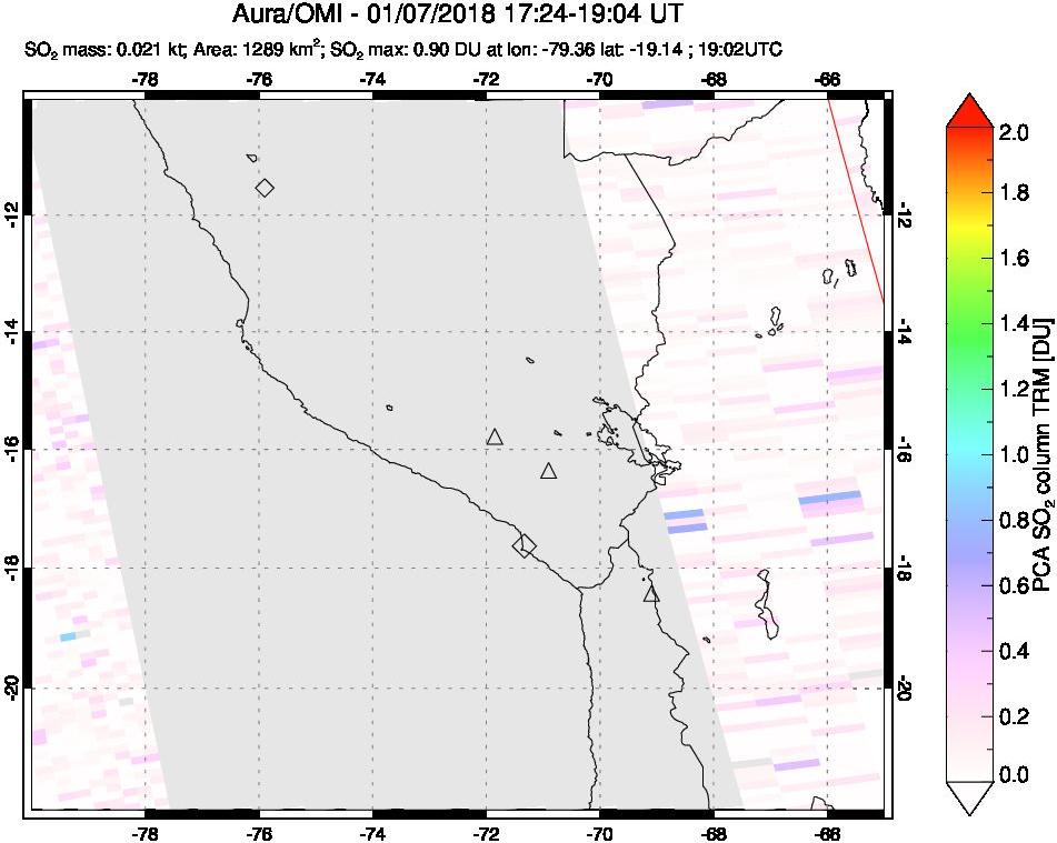 A sulfur dioxide image over Peru on Jan 07, 2018.