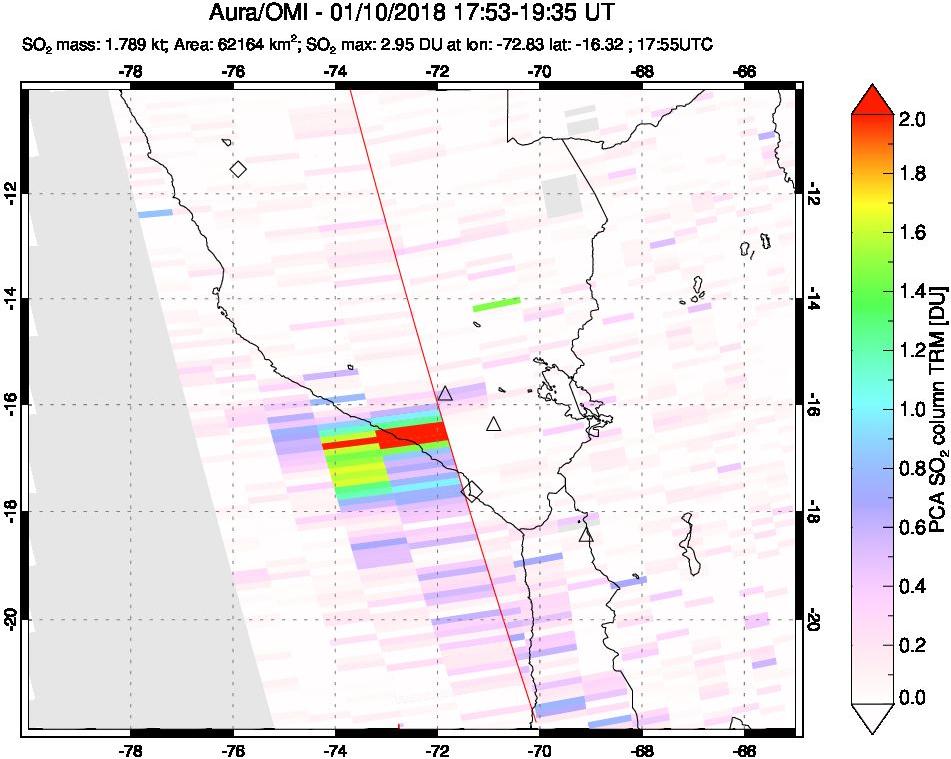 A sulfur dioxide image over Peru on Jan 10, 2018.