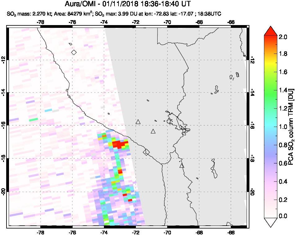 A sulfur dioxide image over Peru on Jan 11, 2018.