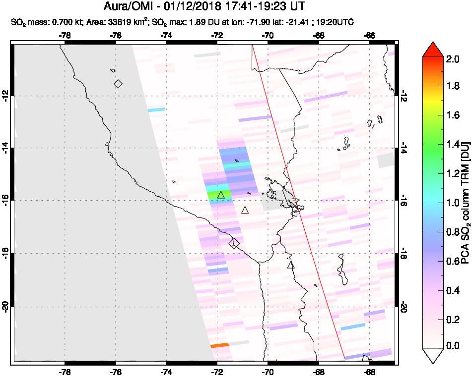 A sulfur dioxide image over Peru on Jan 12, 2018.
