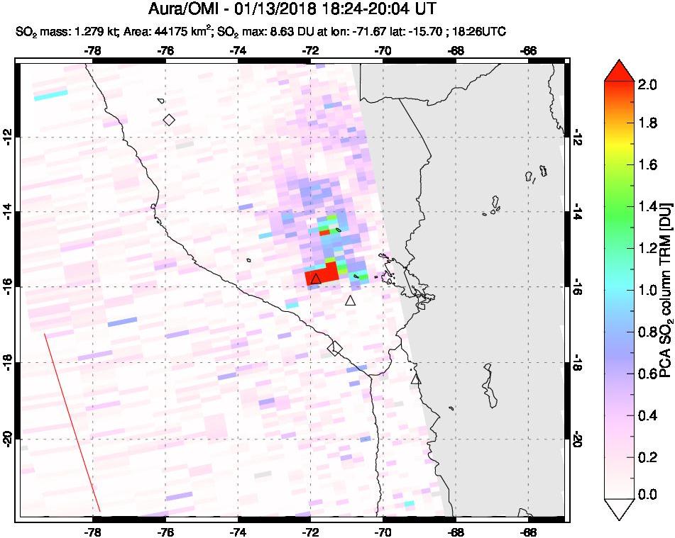 A sulfur dioxide image over Peru on Jan 13, 2018.