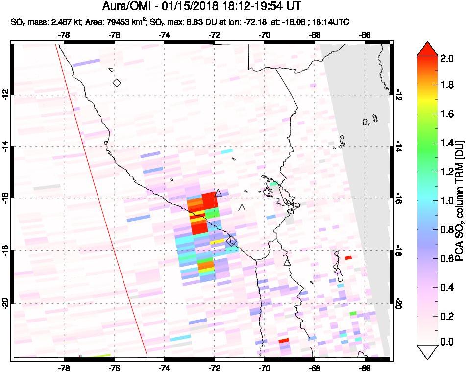 A sulfur dioxide image over Peru on Jan 15, 2018.
