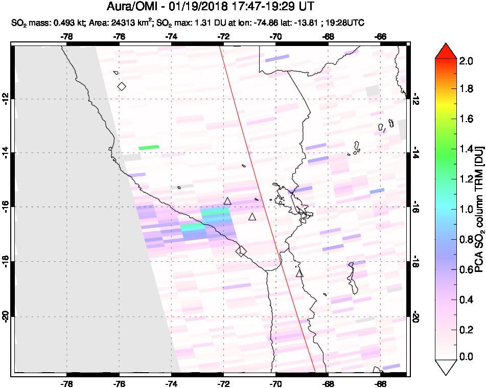 A sulfur dioxide image over Peru on Jan 19, 2018.