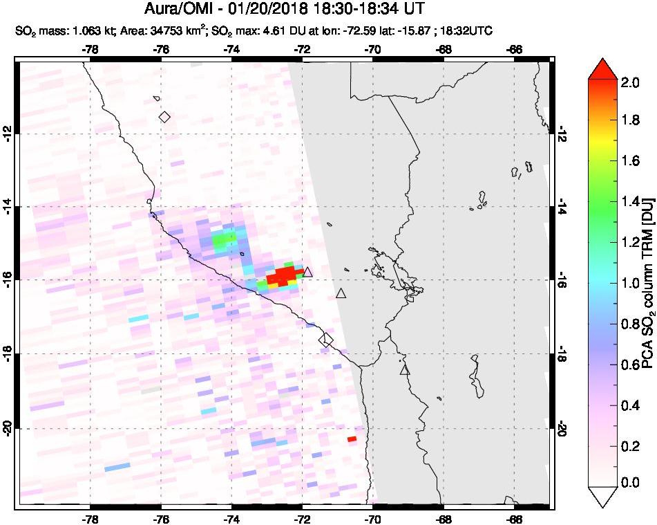 A sulfur dioxide image over Peru on Jan 20, 2018.