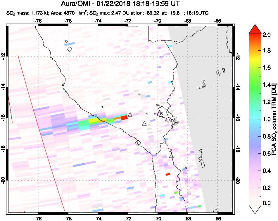 A sulfur dioxide image over Peru on Jan 22, 2018.
