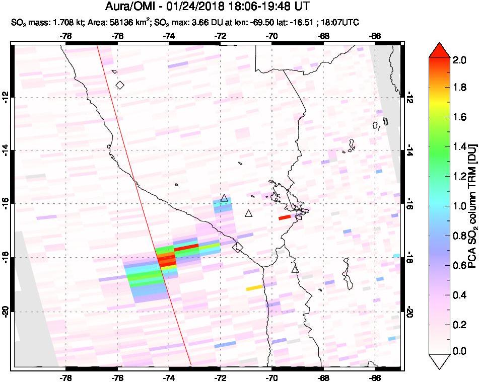 A sulfur dioxide image over Peru on Jan 24, 2018.
