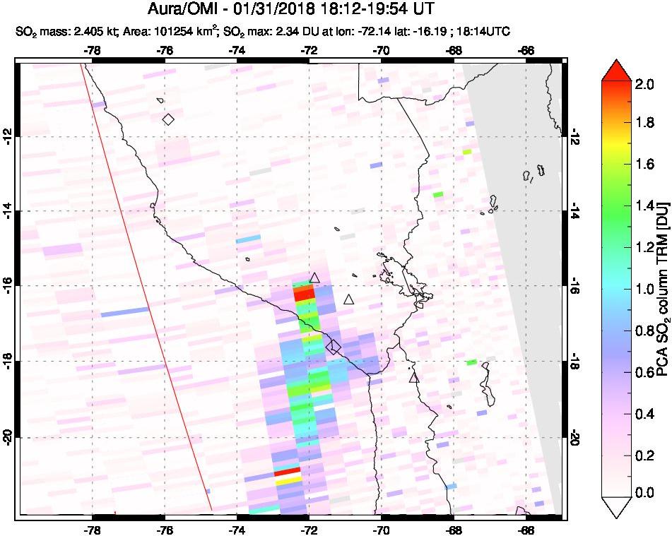 A sulfur dioxide image over Peru on Jan 31, 2018.