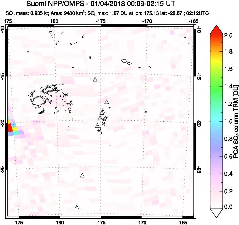 A sulfur dioxide image over Tonga, South Pacific on Jan 04, 2018.