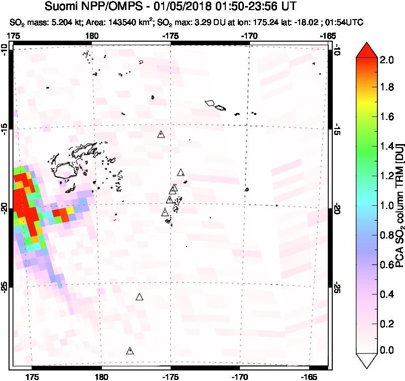 A sulfur dioxide image over Tonga, South Pacific on Jan 05, 2018.