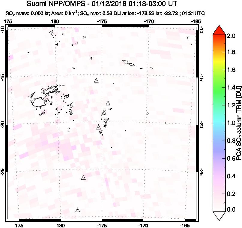 A sulfur dioxide image over Tonga, South Pacific on Jan 12, 2018.