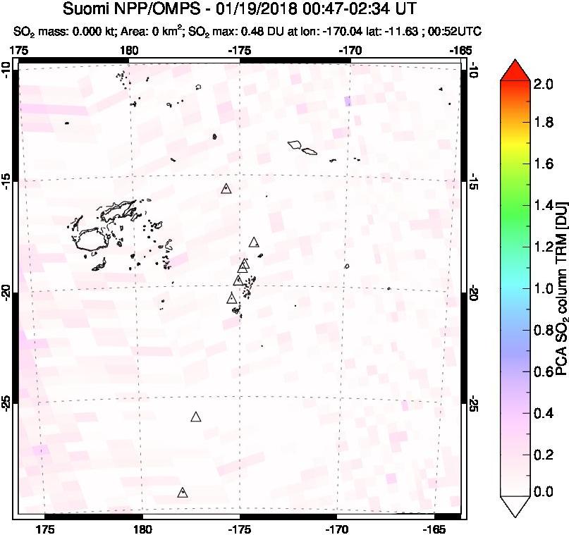 A sulfur dioxide image over Tonga, South Pacific on Jan 19, 2018.