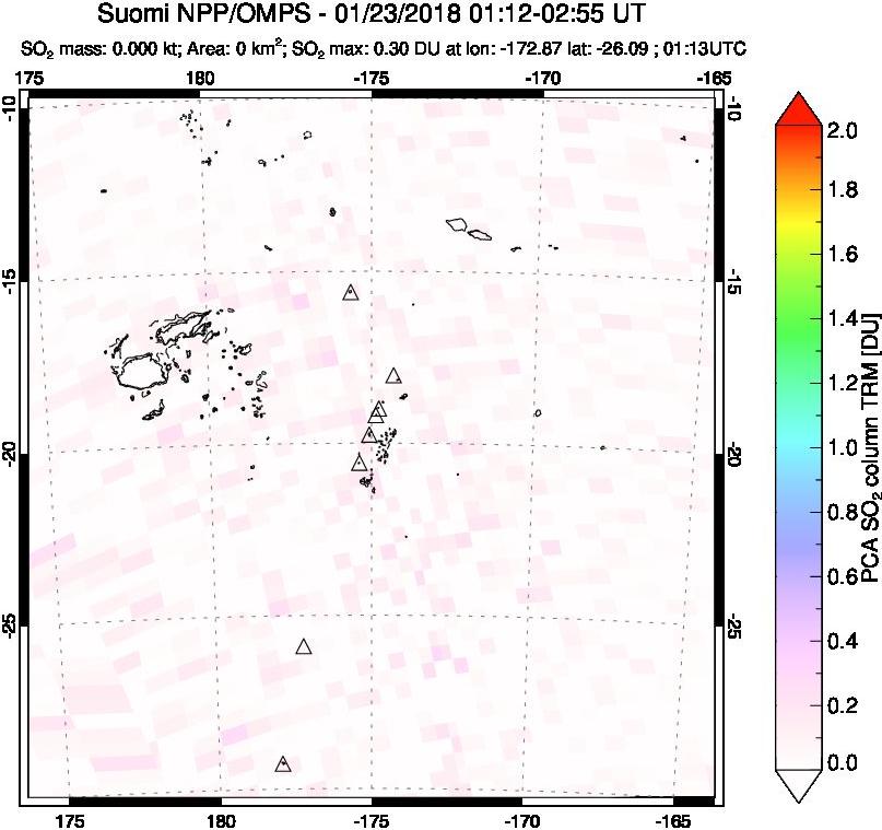 A sulfur dioxide image over Tonga, South Pacific on Jan 23, 2018.