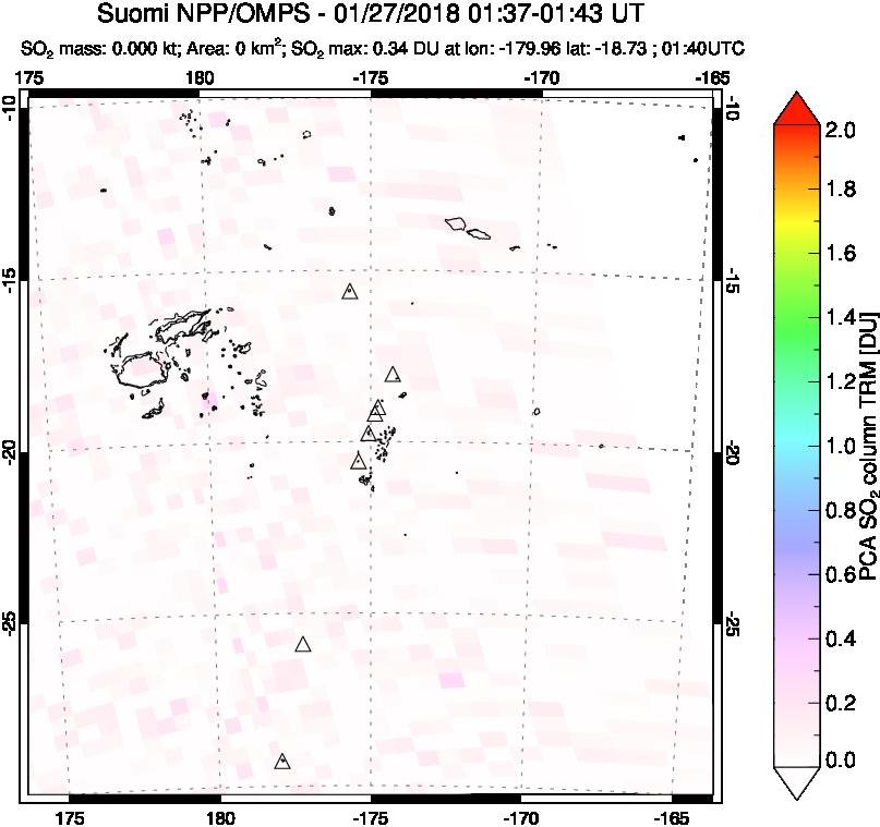 A sulfur dioxide image over Tonga, South Pacific on Jan 27, 2018.