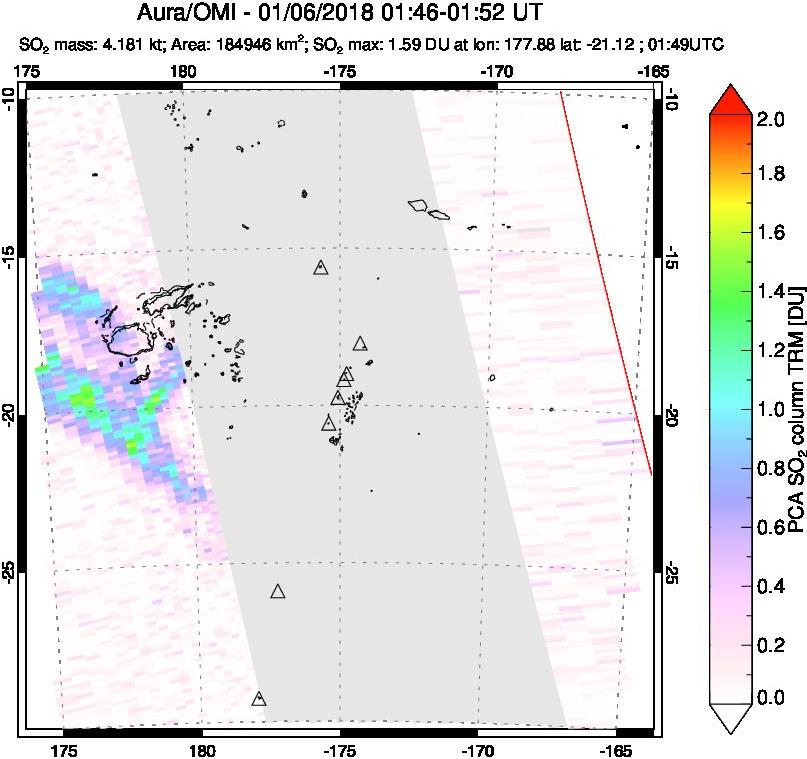 A sulfur dioxide image over Tonga, South Pacific on Jan 06, 2018.