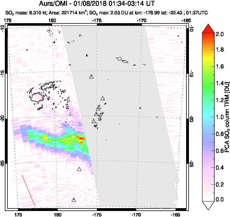 A sulfur dioxide image over Tonga, South Pacific on Jan 08, 2018.