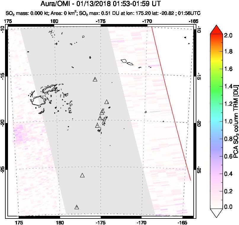A sulfur dioxide image over Tonga, South Pacific on Jan 13, 2018.
