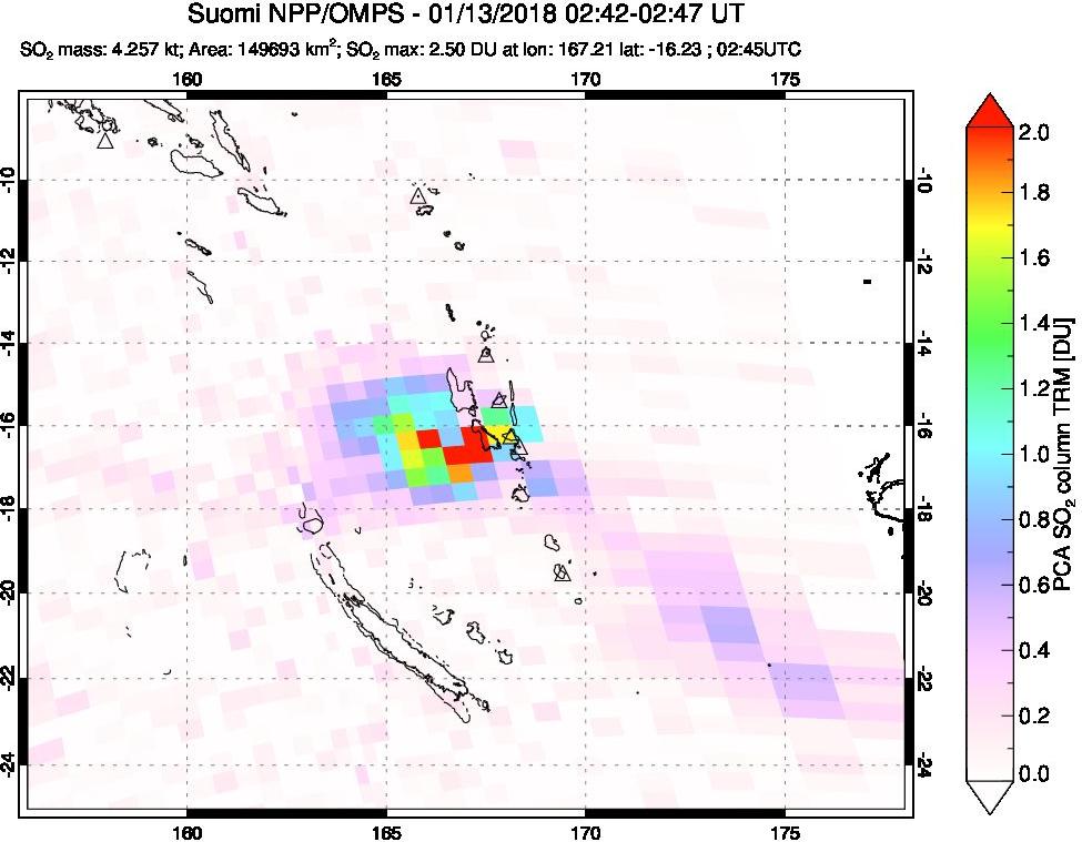 A sulfur dioxide image over Vanuatu, South Pacific on Jan 13, 2018.