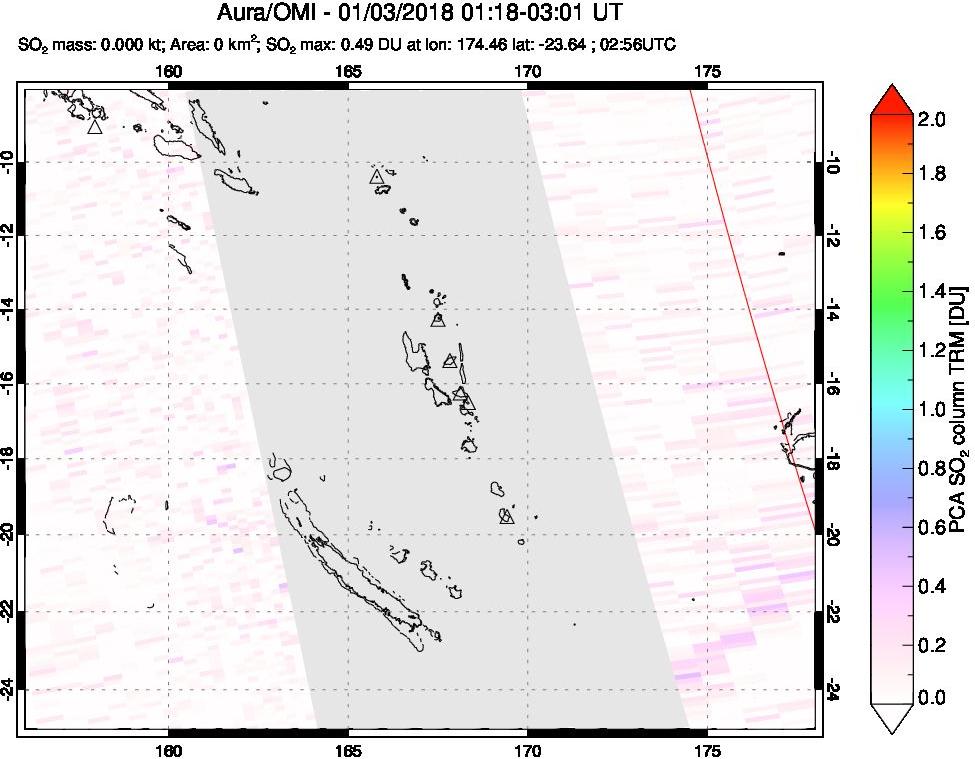 A sulfur dioxide image over Vanuatu, South Pacific on Jan 03, 2018.