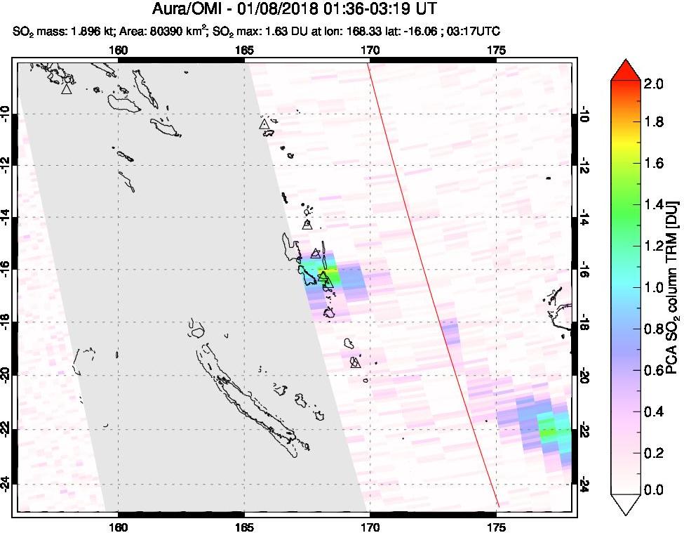 A sulfur dioxide image over Vanuatu, South Pacific on Jan 08, 2018.