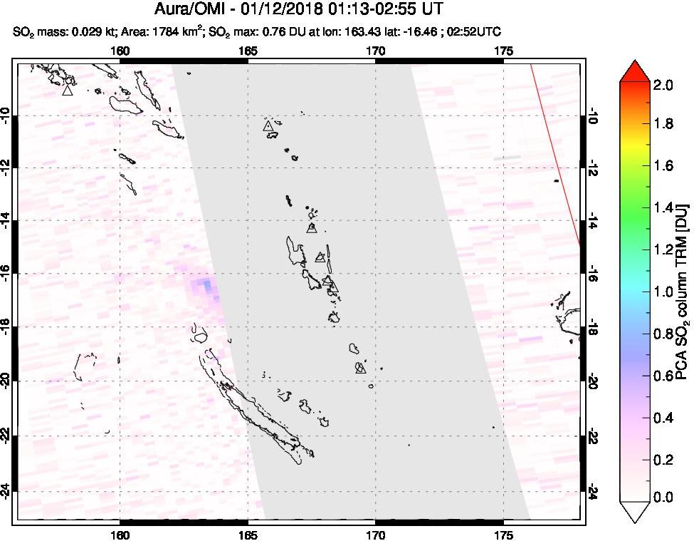 A sulfur dioxide image over Vanuatu, South Pacific on Jan 12, 2018.