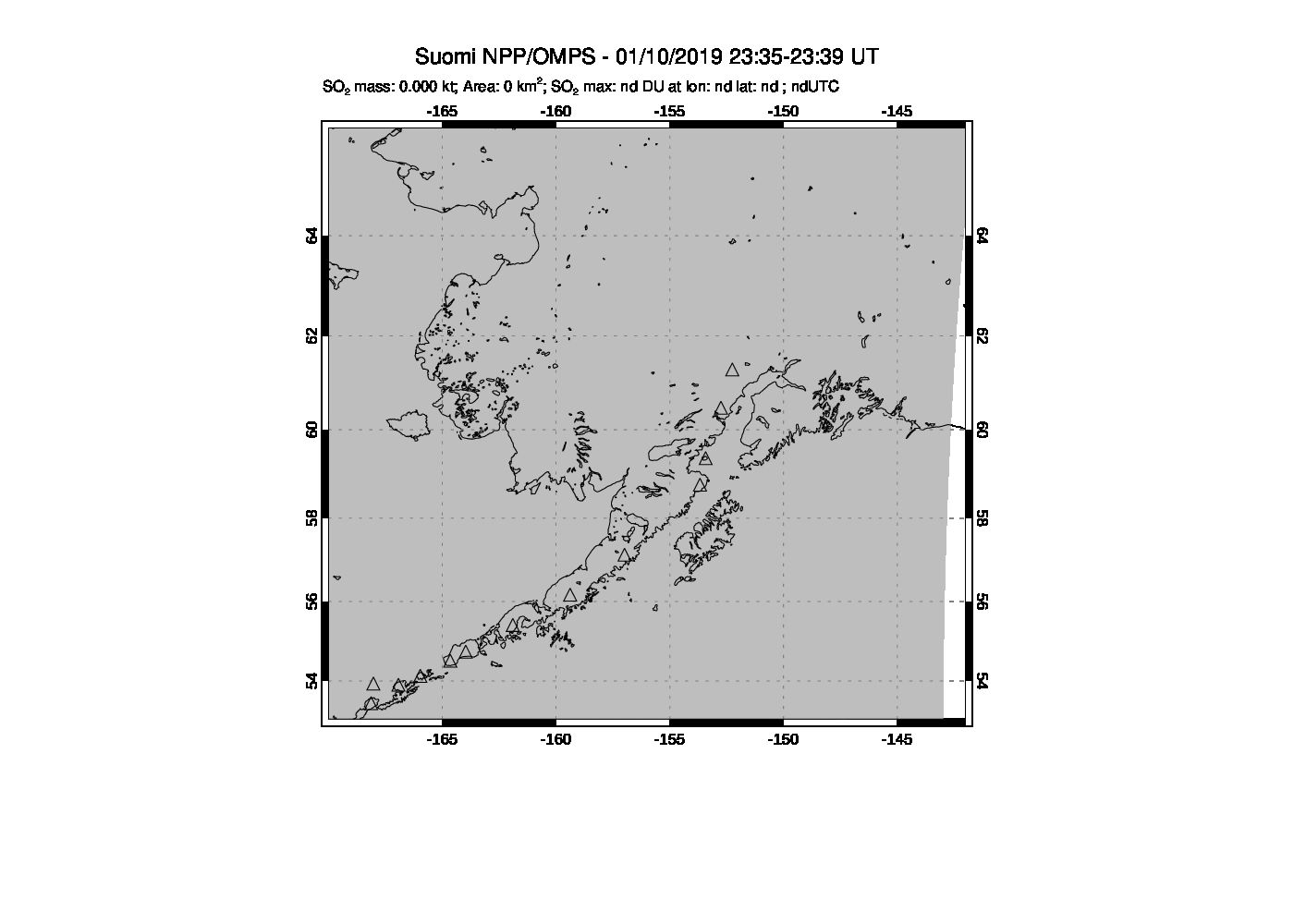 A sulfur dioxide image over Alaska, USA on Jan 10, 2019.