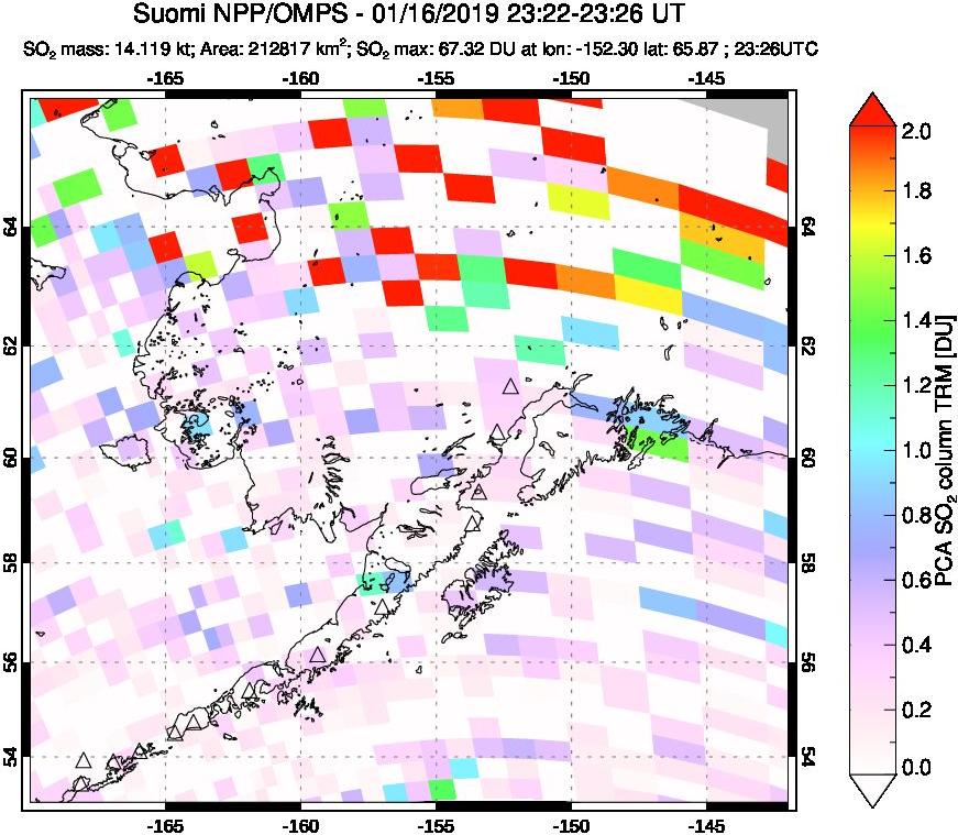 A sulfur dioxide image over Alaska, USA on Jan 16, 2019.