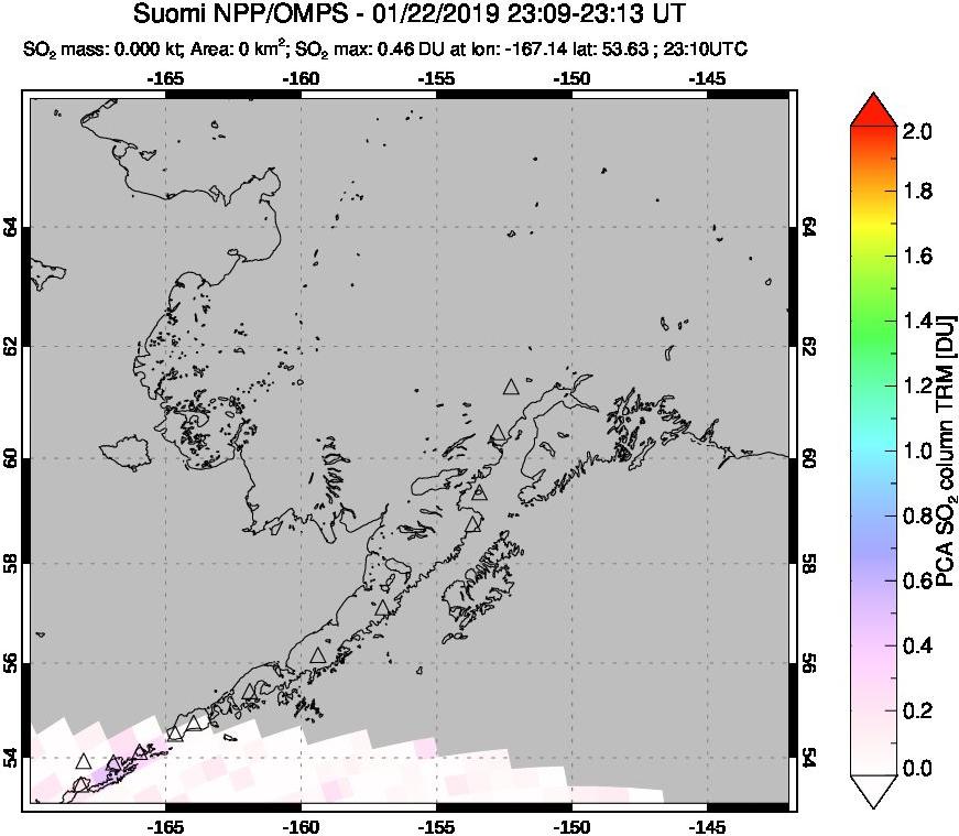 A sulfur dioxide image over Alaska, USA on Jan 22, 2019.