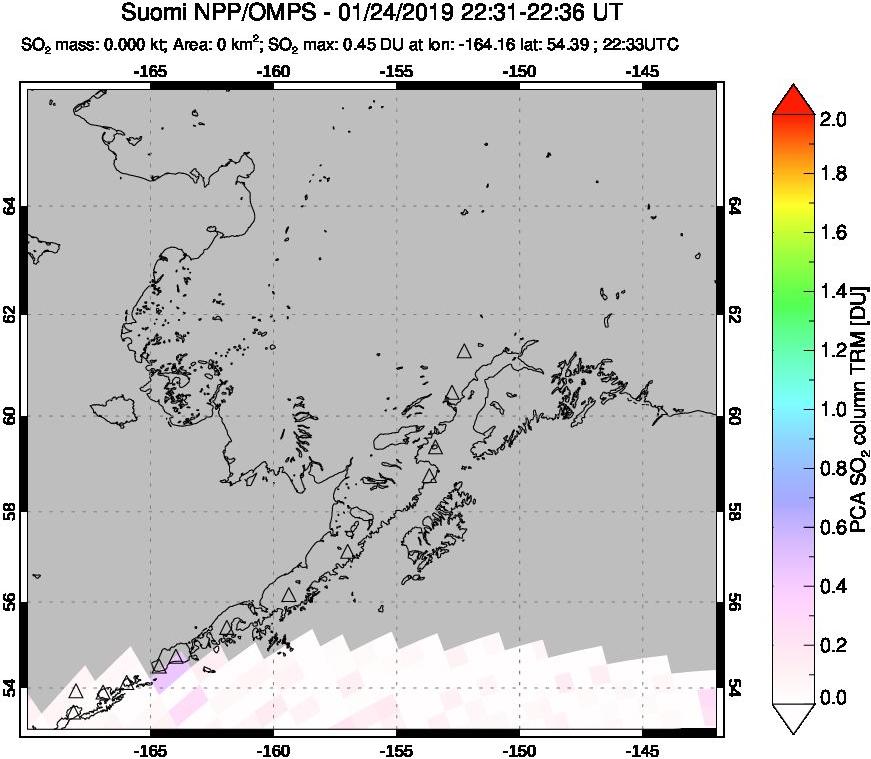 A sulfur dioxide image over Alaska, USA on Jan 24, 2019.