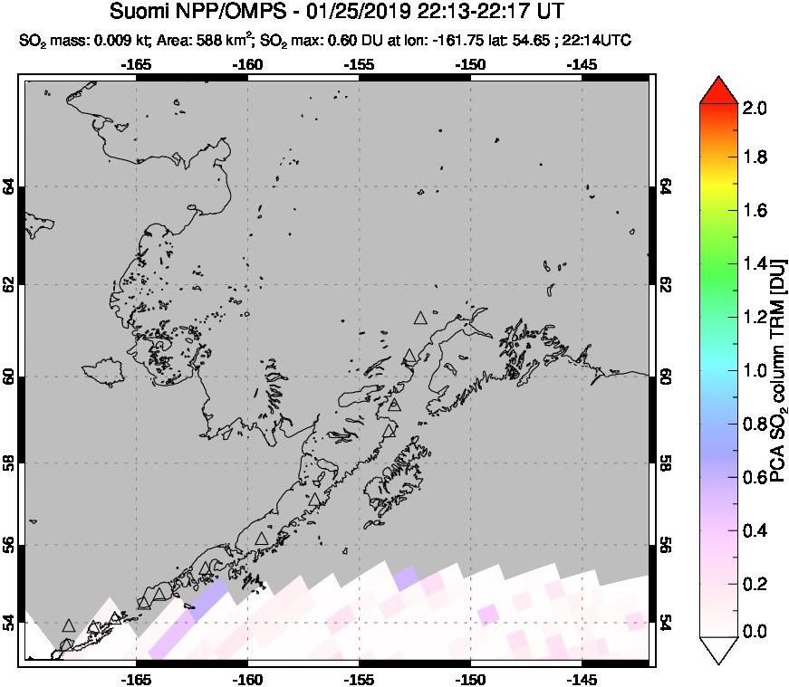 A sulfur dioxide image over Alaska, USA on Jan 25, 2019.