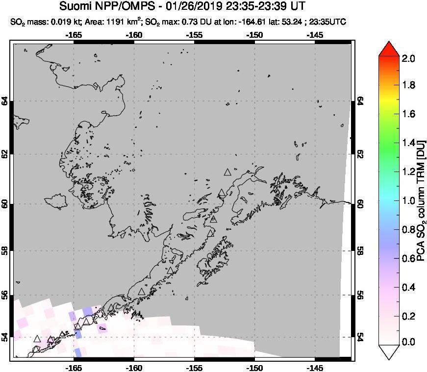 A sulfur dioxide image over Alaska, USA on Jan 26, 2019.