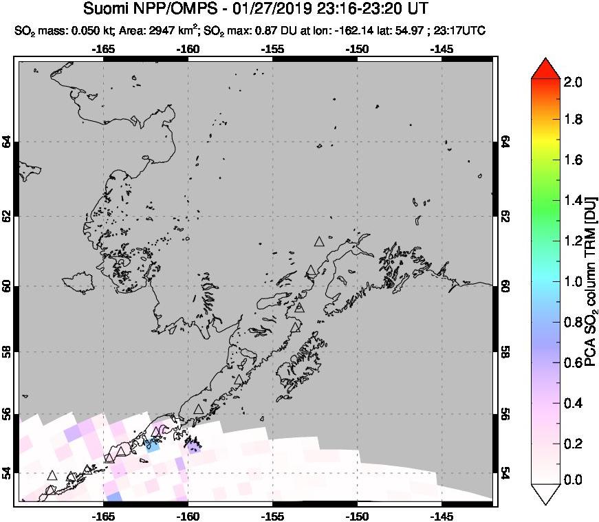 A sulfur dioxide image over Alaska, USA on Jan 27, 2019.